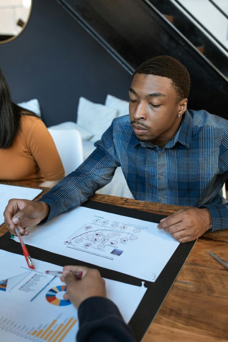 Business team engaged in analyzing graphs during a professional meeting at the office.